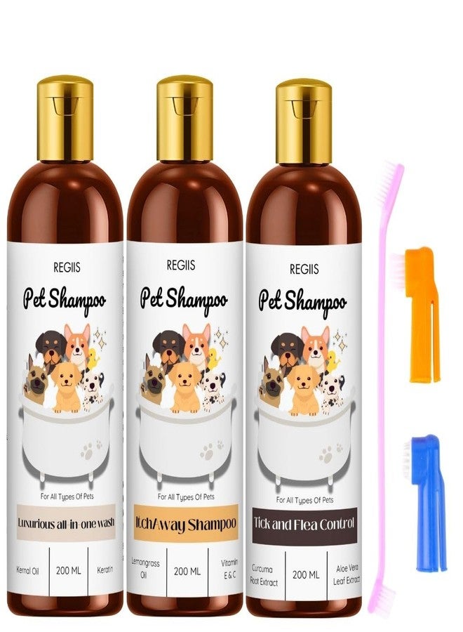 REGIIS Pet Shampoo Set, All-in-One Dog and Cat Wash, Tick and Flea Control, Itchy Skin Relief, 200ml, 3 Pack with Keratin, Aloe Vera, Vitamin E(Pack of 4) - Image 1